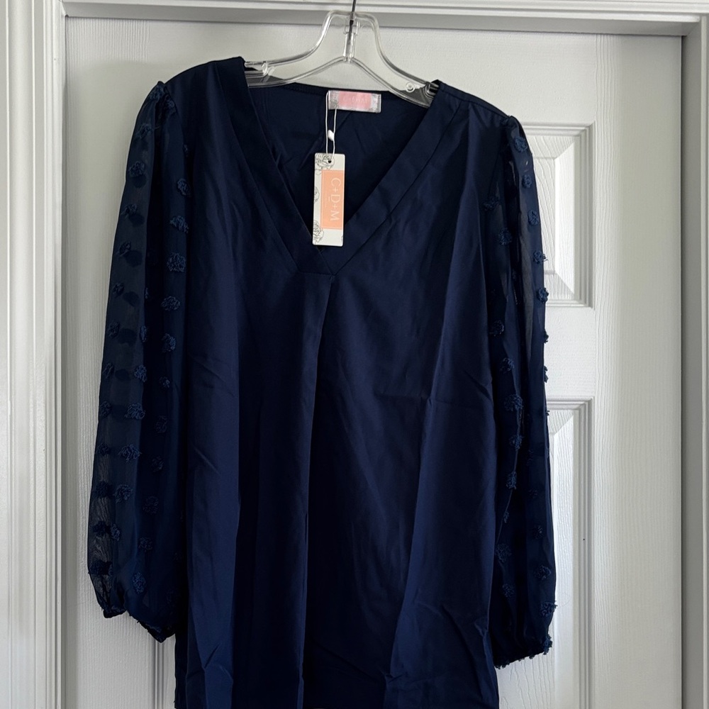 Elegant Navy V-Neck Blouse with Sheer Sleeves
